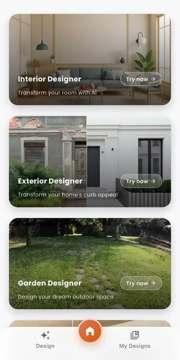 DecorAI AI interior design app preview on iPhone showing room photo upload and AI room makeover results