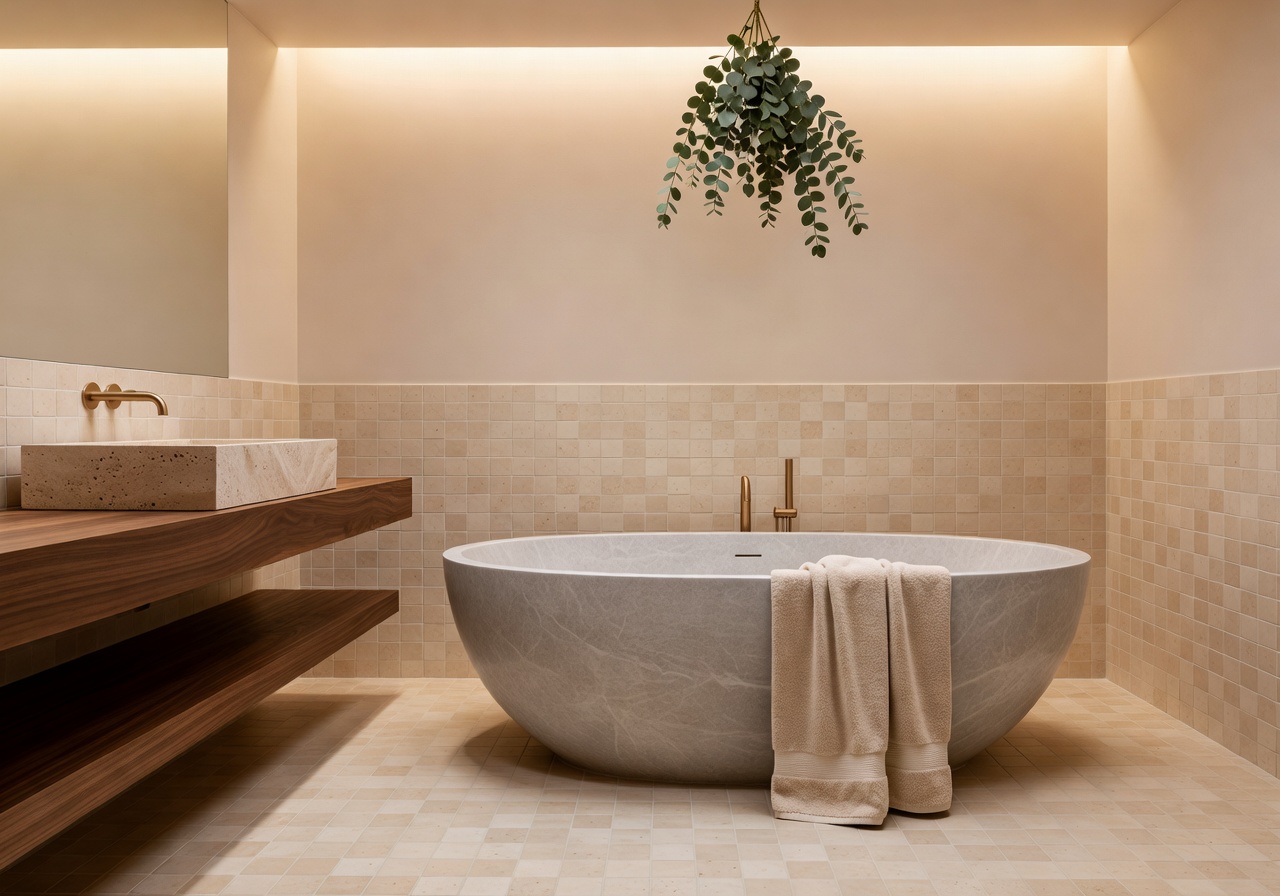 AI bathroom design generated by DecorAI in a spa-inspired warm stone style