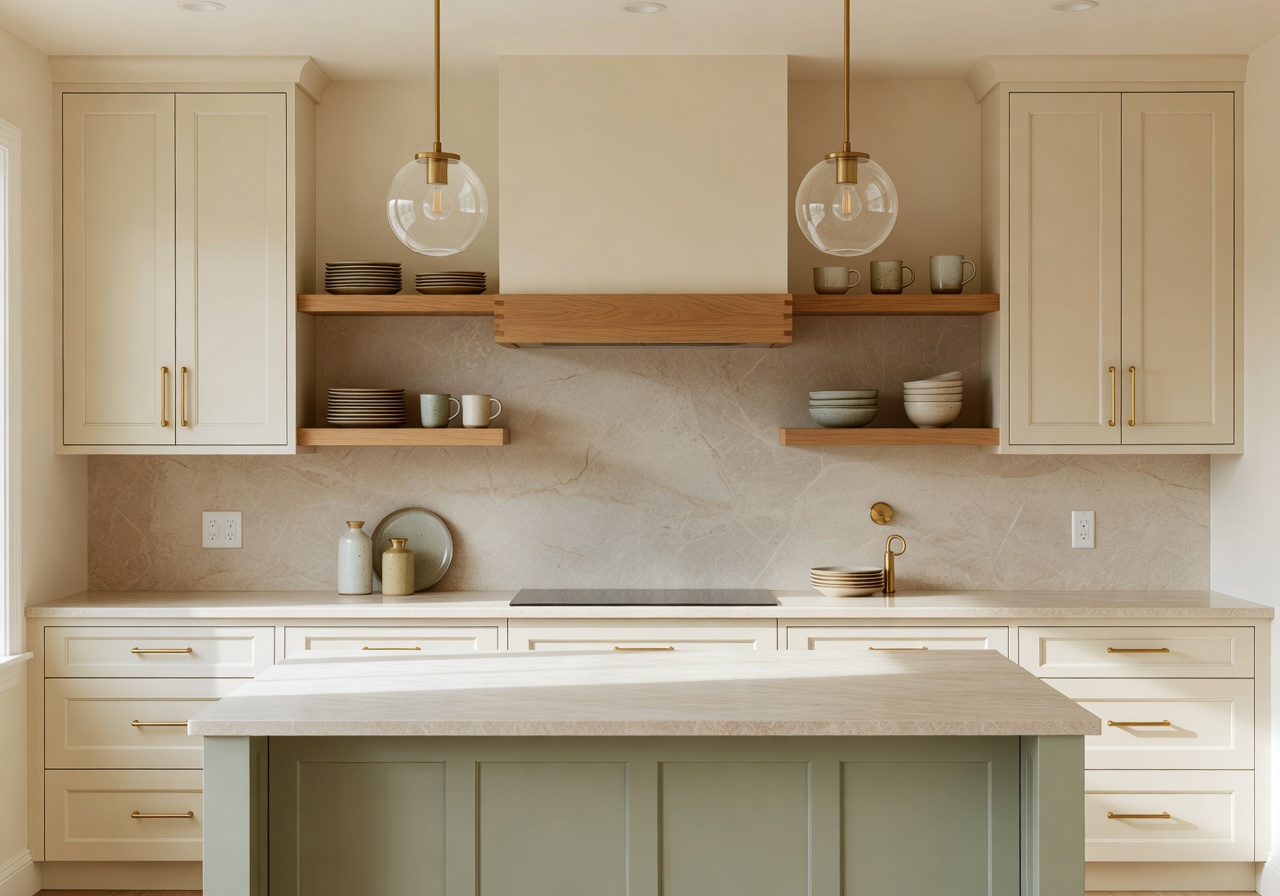 AI kitchen design idea created with DecorAI featuring cream cabinetry and natural wood